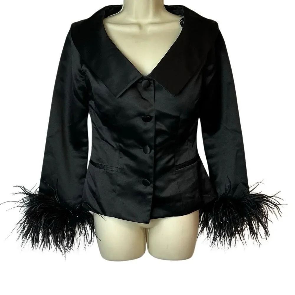Vintage 80s 90s Jessica Howard Black Satin Jacket with Ostrich Feather Cuffs Siz